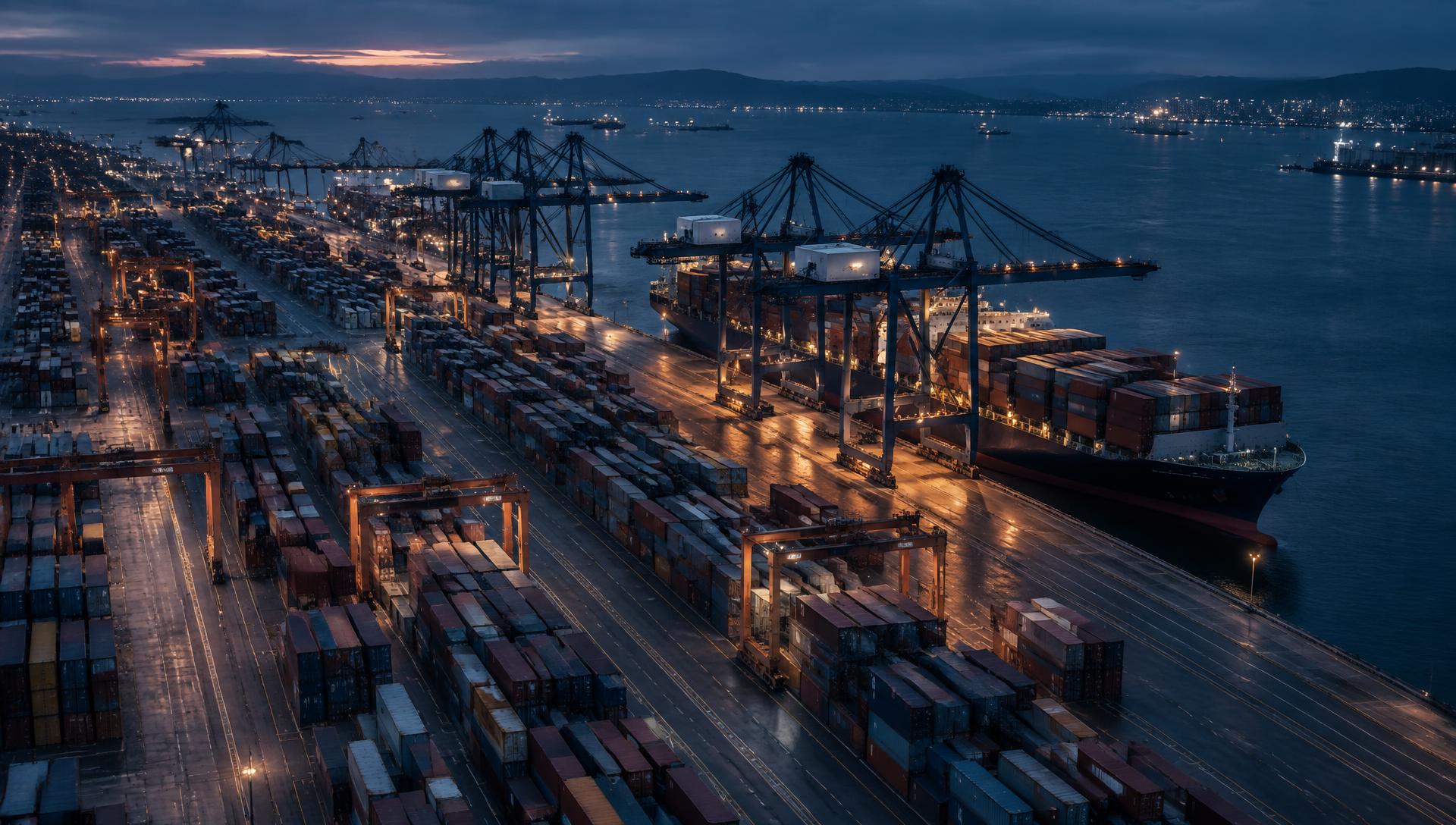 Container terminal at dusk with gantry cranes loading a cargo vessel